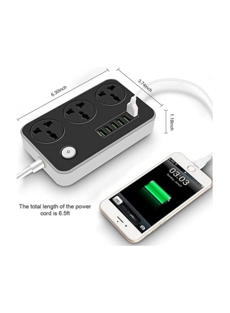 Power Strip with USB Ports Long Cord Universal Socket 3 Outlets Surge Protector 6 Quick USB (4A) Charging Station 3M Power Cord 2500W Circuit Breaker Child Safe Door - Image 3