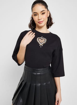 Embellished Heart Motif Detail T-Shirt