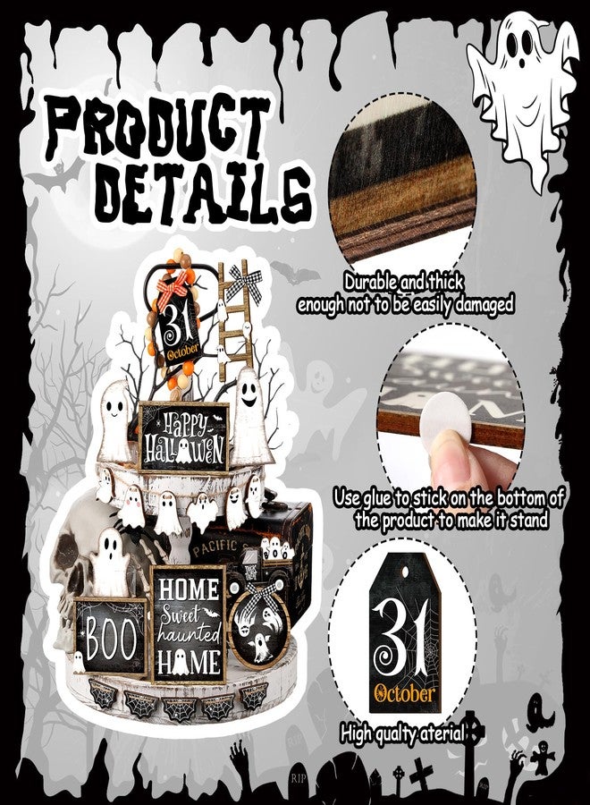 مجموعة ديكور صينية متعددة الطبقات من MiniInflat، تتضمن لافتات خشبية لعيد الهالوين، قطع مركزية ريفية للطاولة، ديكور منزلي ريفي، الصينية غير متضمنة (شبح، أبيض وأسود). - Image 4