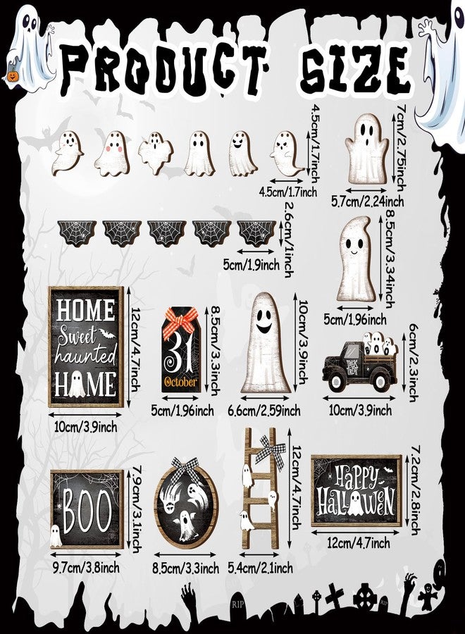 مجموعة ديكور صينية متعددة الطبقات من MiniInflat، تتضمن لافتات خشبية لعيد الهالوين، قطع مركزية ريفية للطاولة، ديكور منزلي ريفي، الصينية غير متضمنة (شبح، أبيض وأسود). - Image 3