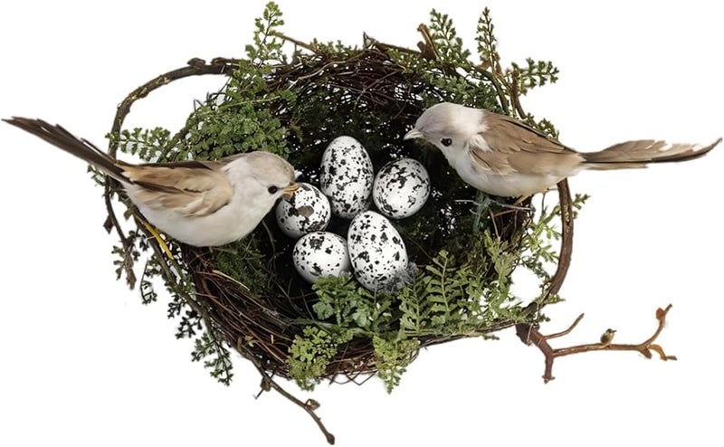 عش طيور اصطناعي يدوي الصنع مع طائرين وخمس بيضات بيضاء، زينة دائرية مقاس 5.12 بوصة - Image 1