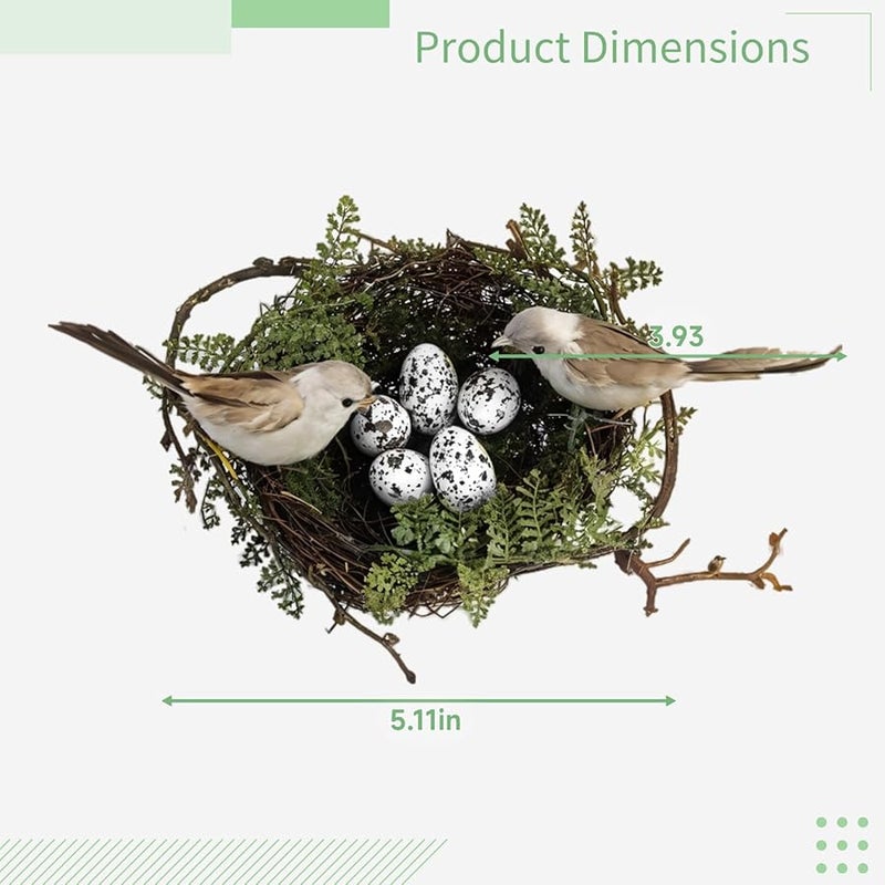 عش طيور اصطناعي يدوي الصنع مع طائرين وخمس بيضات بيضاء، زينة دائرية مقاس 5.12 بوصة - Image 4
