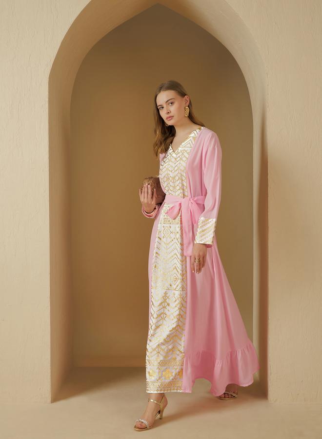 Styli Foil Print Panelled Jalabiya with Tie-Up Detail  - Image 1