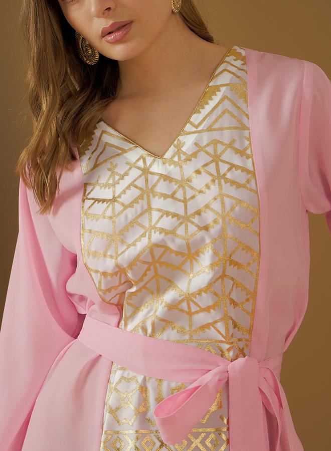 Styli Foil Print Panelled Jalabiya with Tie-Up Detail  - Image 4