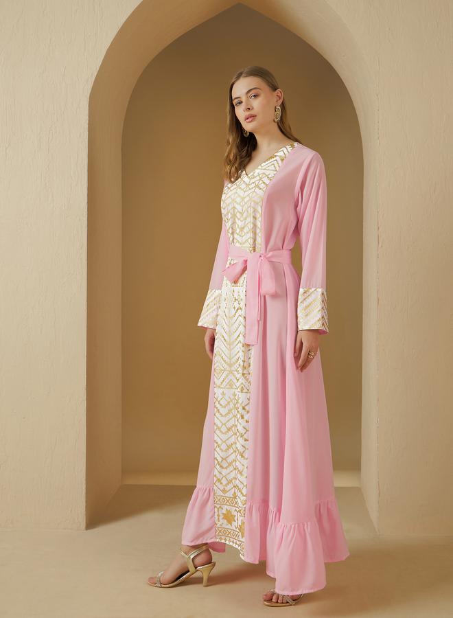 Styli Foil Print Panelled Jalabiya with Tie-Up Detail  - Image 3