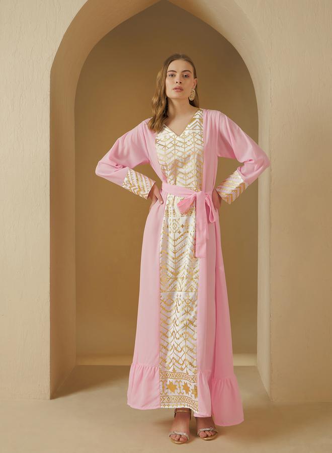 Styli Foil Print Panelled Jalabiya with Tie-Up Detail  - Image 2