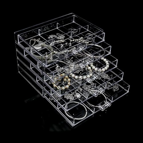 Euedue Clear Acrylic Jewelry Storage Box, Earring Jewelry Organizer with 5 Drawers, 5-Layer Jewelry Box for Women, Earrings Display Holder for Ring Bracelet Necklace, 30 Grids Compartment Storage Box - Image 1