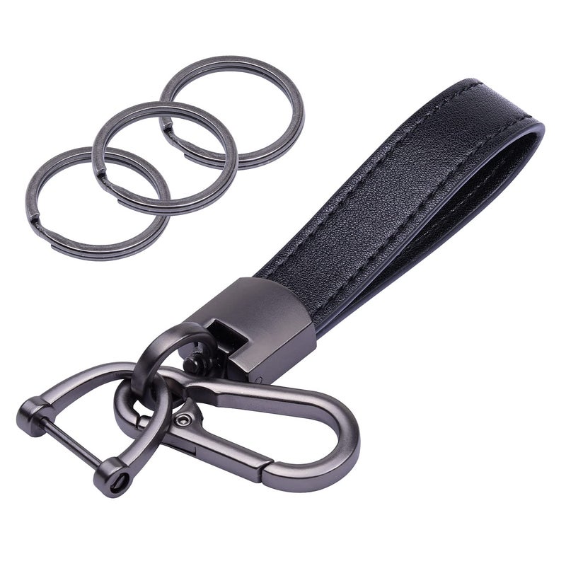 Wisdompro Genuine Leather Car Keychain, Universal Key Fob Keychain Leather Key Chain Holder for Men and Women, 360 Degree Rotatable, with Anti-lost D-ring, 3 Keyrings - Black (Carabiner Clip) - Image 1