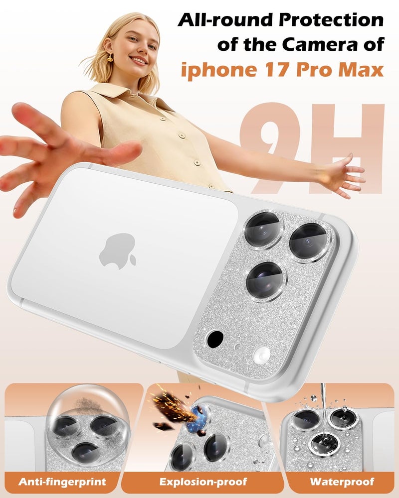 CloudValley for iPhone 17 Pro Max Camera Lens Protector Glitter - Bling Camera Cover with 9H [Anti-Scratch & Easy Install], Metal Ring Decoration Accessories, Glitter Silver - Image 4