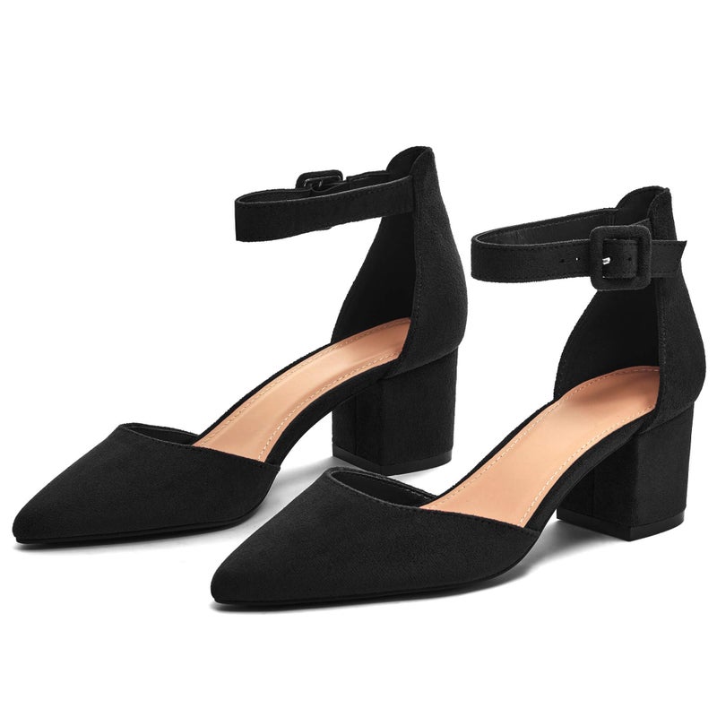 LAICIGO Womenâ€™s Chunky Low Heel Pumps Closed Pointed Toe Ankle Strap Buckle Dressy Office Heeled Sandals Black Suede - Image 5