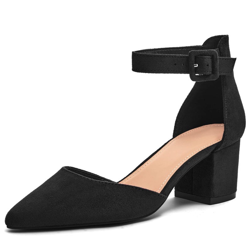 LAICIGO Womenâ€™s Chunky Low Heel Pumps Closed Pointed Toe Ankle Strap Buckle Dressy Office Heeled Sandals Black Suede - Image 1