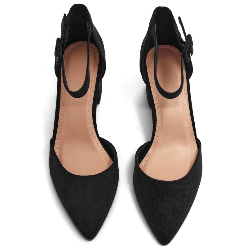 LAICIGO Womenâ€™s Chunky Low Heel Pumps Closed Pointed Toe Ankle Strap Buckle Dressy Office Heeled Sandals Black Suede - Image 4