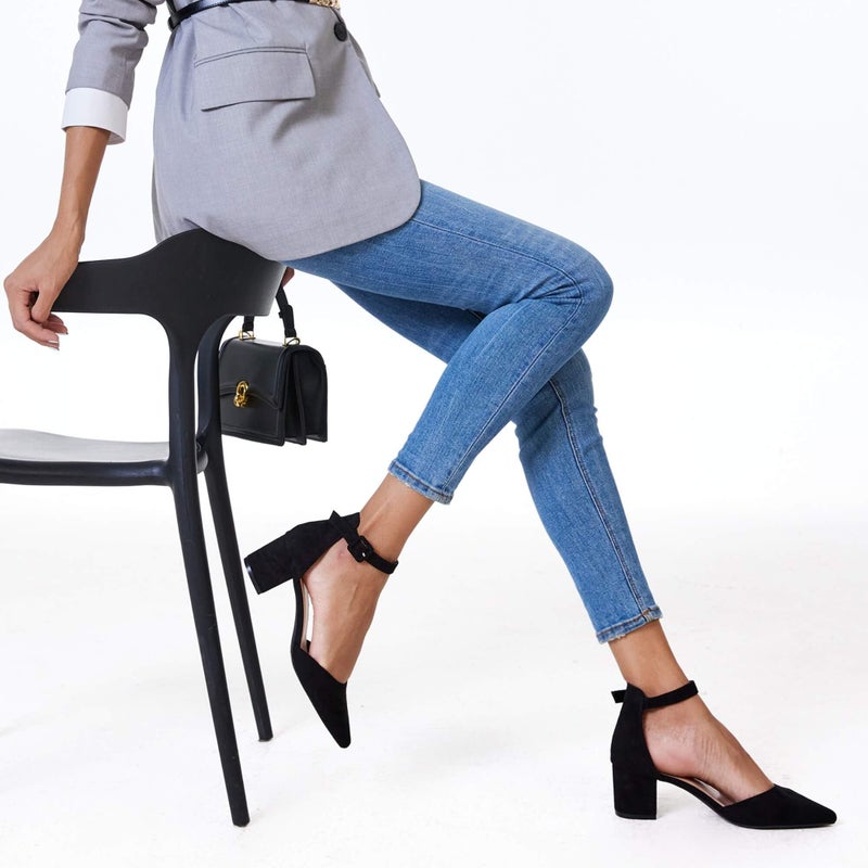 LAICIGO Womenâ€™s Chunky Low Heel Pumps Closed Pointed Toe Ankle Strap Buckle Dressy Office Heeled Sandals Black Suede - Image 2