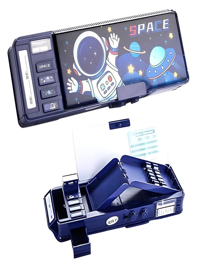 Teksbar Space Astronaut Compass Box with Magnetic & Password Lock | Multifunctional Pencil Box for Boys & Girls | Durable Stationery Case for School & Return Gifts - Blue - Image 2
