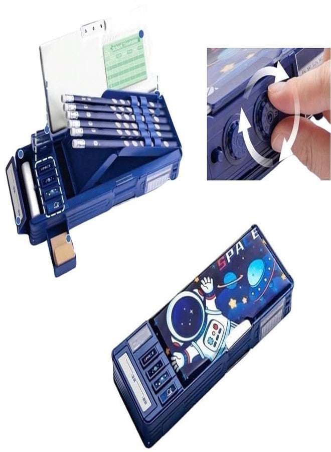 Teksbar Space Astronaut Compass Box with Magnetic & Password Lock | Multifunctional Pencil Box for Boys & Girls | Durable Stationery Case for School & Return Gifts - Blue - Image 3