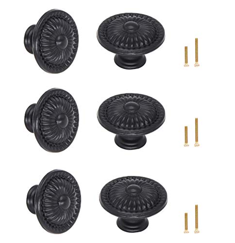 binifiMux 6-Pack 1.4 Inches Black Vintage Flower Cabinet Drawer Pulls Knobs Flower Embossing for Dresser Cupboard Wardrobe Furniture - Image 1