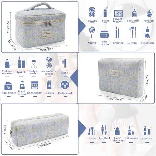 Gosect 3pc Makeup Bag Set, Quilted Makeup Bag Set, Large Floral Cosmetic Bag for Women, Cute Cotton Makeup Bags, Flower Travel Toiletry Organizer Bag (Green Leaves Blue Flowers) - Image 2