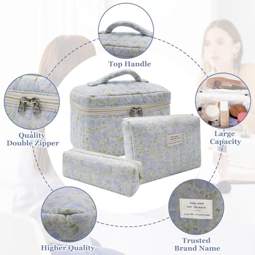 Gosect 3pc Makeup Bag Set, Quilted Makeup Bag Set, Large Floral Cosmetic Bag for Women, Cute Cotton Makeup Bags, Flower Travel Toiletry Organizer Bag (Green Leaves Blue Flowers) - Image 3
