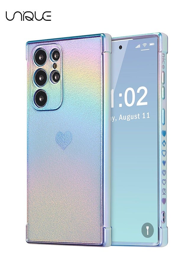 Unique Compatible with Samsung Galaxy S25 Ultra Case - Cute Luxruy Iridescent Case with Love Hearts Pattern - Plating Edge Camera Lens Protection Shockproof Phone Case for Women Girls - Blue - Image 1