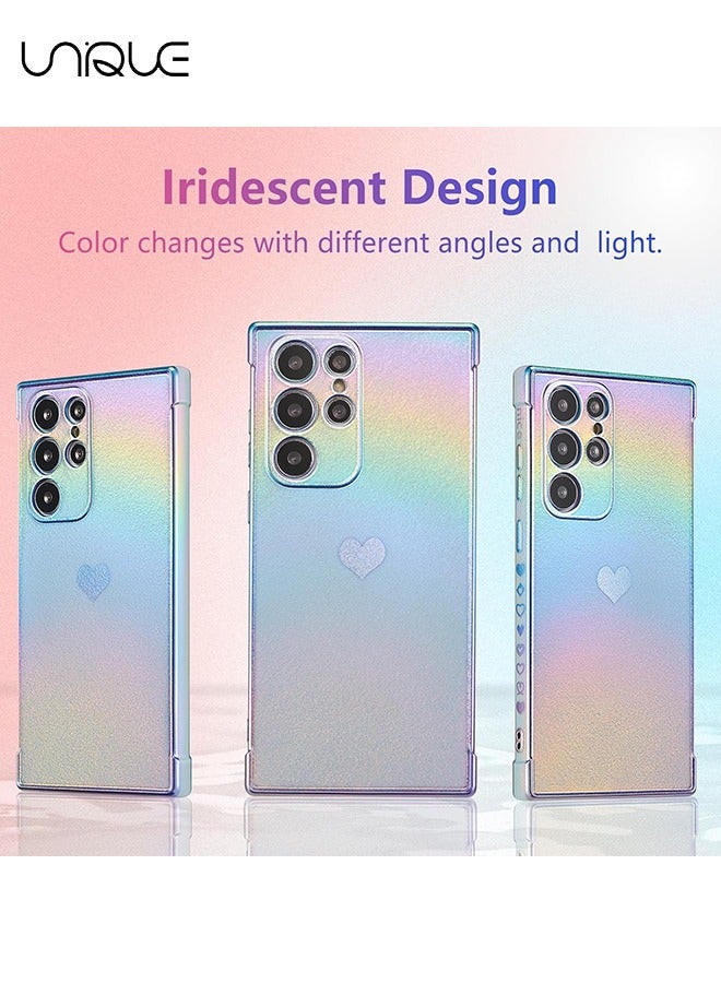 Unique Compatible with Samsung Galaxy S25 Ultra Case - Cute Luxruy Iridescent Case with Love Hearts Pattern - Plating Edge Camera Lens Protection Shockproof Phone Case for Women Girls - Blue - Image 2