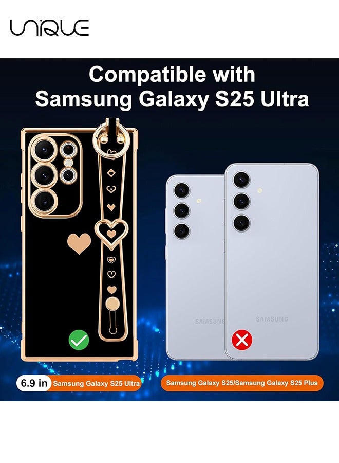 Unique Compatible with Samsung Galaxy S25 Ultra Case - Adjustable Wrist Strap Kickstand - Cute Heart Luxury Gold Plating Bumper - Women Girl Men Protective Case Cover - Black - Image 2