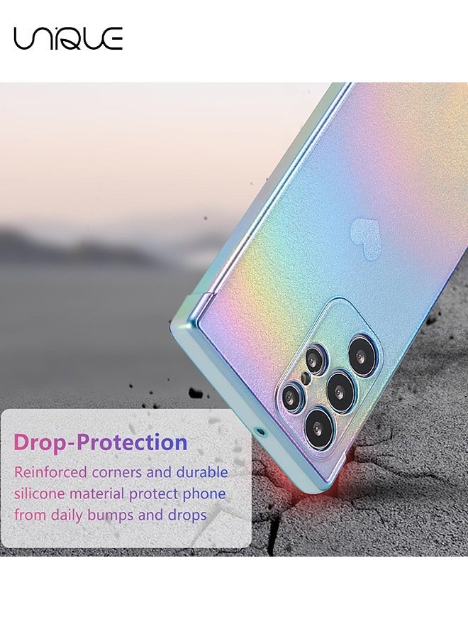 Unique Compatible with Samsung Galaxy S25 Ultra Case - Cute Luxruy Iridescent Case with Love Hearts Pattern - Plating Edge Camera Lens Protection Shockproof Phone Case for Women Girls - Blue - Image 3