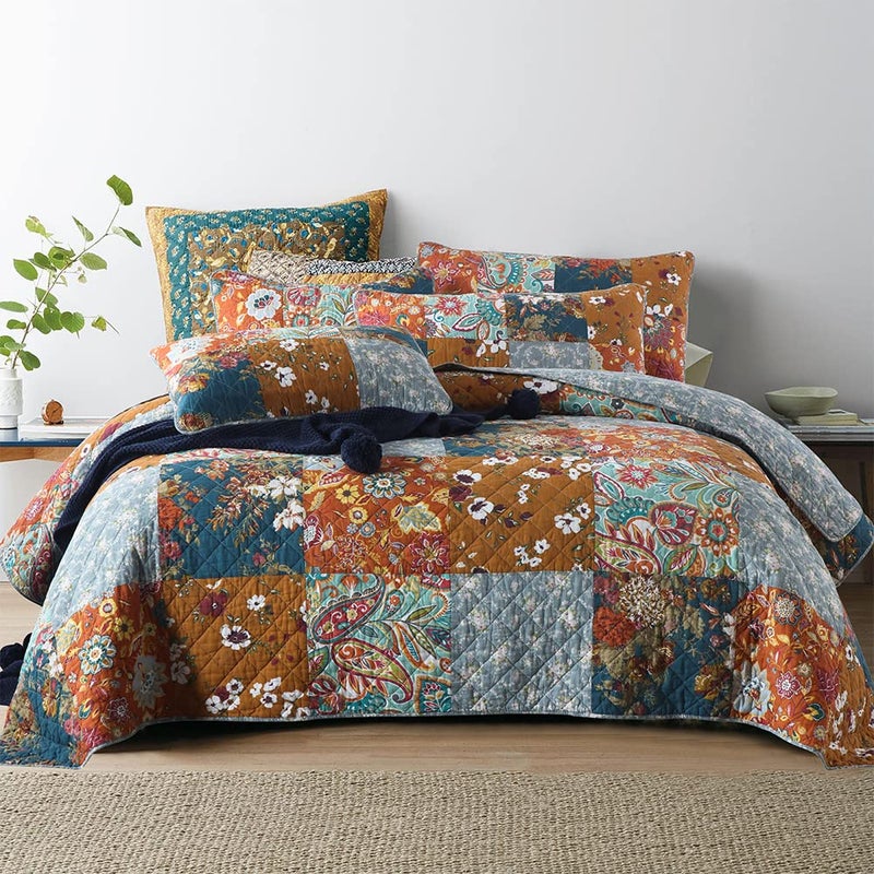 camandy Cotton Bedspread Quilt Bedding Sets 3 Pieces Reversible Coverlet Sets Comforters Luxury Paisley Floral Patchwork Brown Bedspread, King Size - Image 1