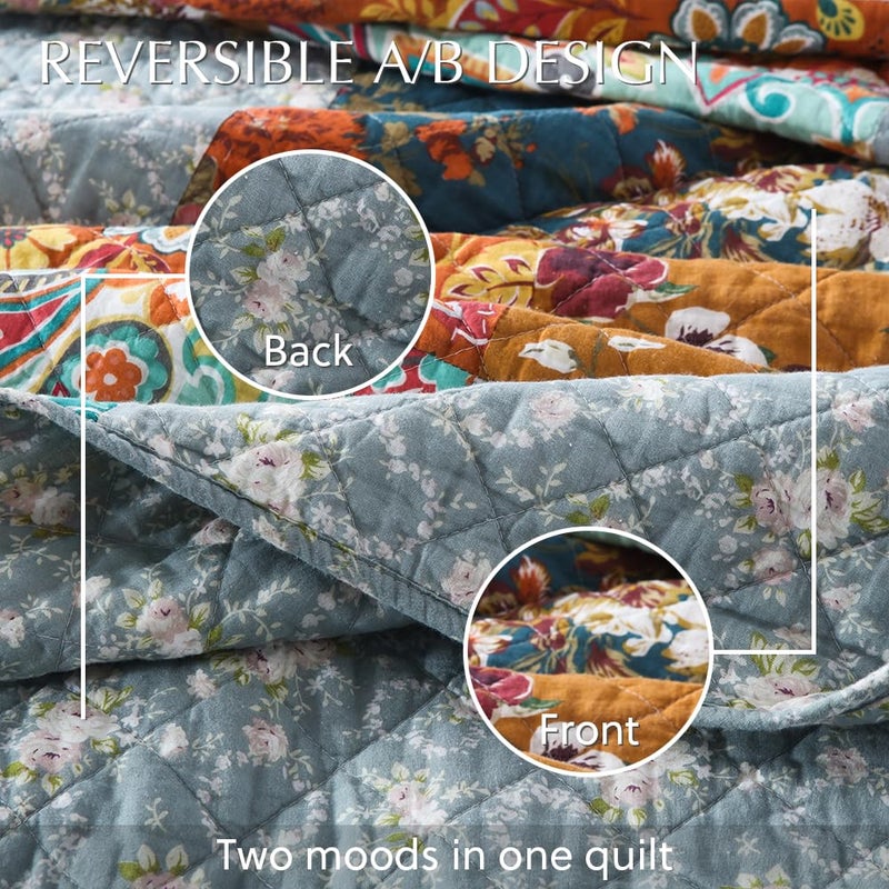 camandy Cotton Bedspread Quilt Bedding Sets 3 Pieces Reversible Coverlet Sets Comforters Luxury Paisley Floral Patchwork Brown Bedspread, King Size - Image 5