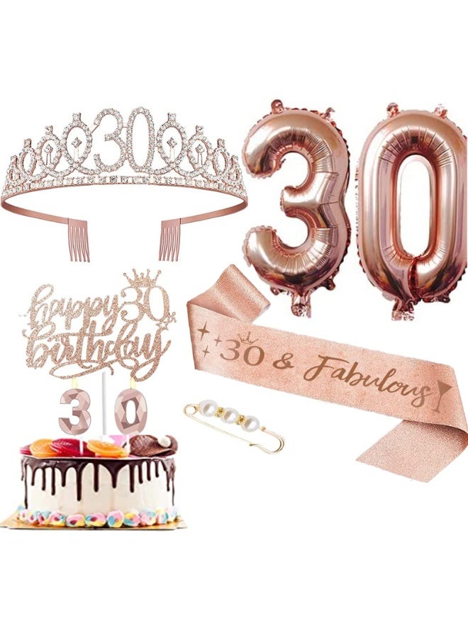 30th Birthday Decorations for Girls, Including 30year old Birthday Cake Topper, Birthday Queen Sash with Pearl Pin, Sweet Rhinestone Tiara Crown, Number Candles and Balloons Set, Rose Gold