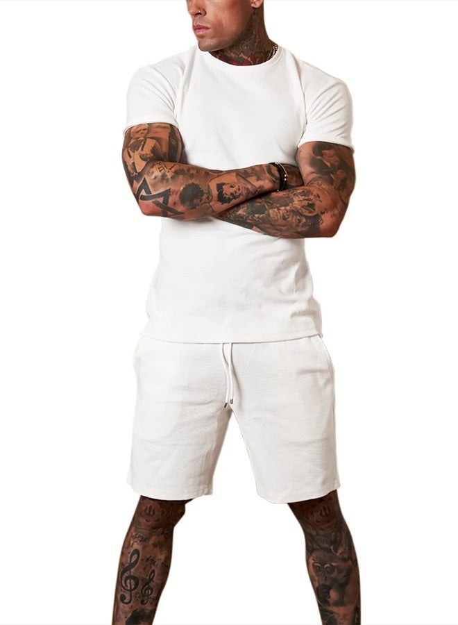 Redqenting Mens 8" Casual Sweat Shorts with Pockets,Drawstring Athletic Shorts Waffle Lounge Summer Shorts (Size28~40) White 