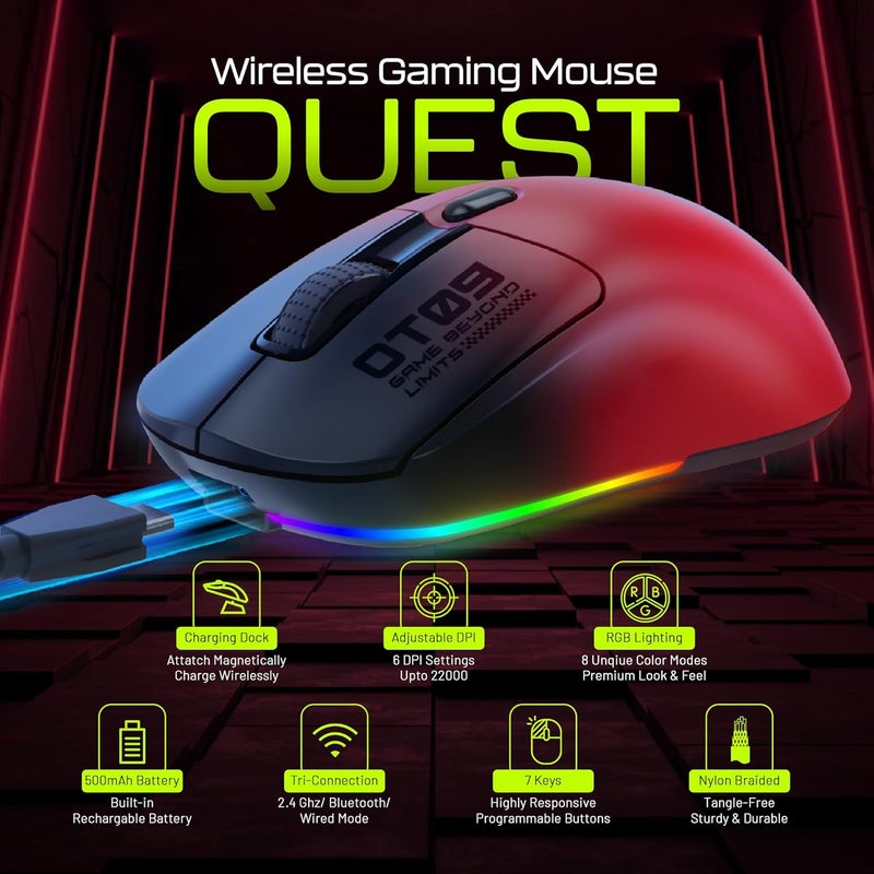 Archer Tech Lab Bluetooth Wireless Gaming Mouse (BT 5.3/2.4GHz/ Wired) PixArt PAW3311 Sensor, 22000 DPI~1000Hz Precise Tracking, 8 RGB/ 7 Programmable Buttons, Charging Dock, for PC Laptop Mac(Quest) - Image 2