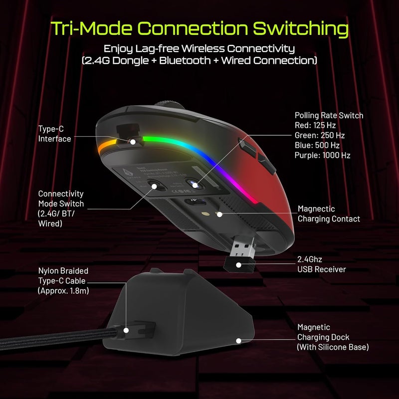 Archer Tech Lab Bluetooth Wireless Gaming Mouse (BT 5.3/2.4GHz/ Wired) PixArt PAW3311 Sensor, 22000 DPI~1000Hz Precise Tracking, 8 RGB/ 7 Programmable Buttons, Charging Dock, for PC Laptop Mac(Quest) - Image 3