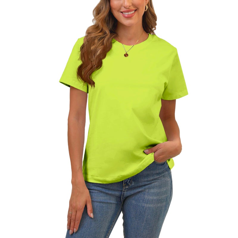 BJY 100% Cotton Women's Neon Green Short Sleeve Crew Neck T-Shirt, Regular Fit Casual T Shirt Tops, Basic Tees, Tshirt, Tshirt - Image 1