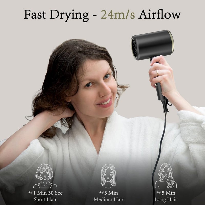 Oxsaytee 2400W Hair Blow Dryer with Diffuser, Foldable Mini Travel Hair Dryer, Ionic Hair Dryer With Storage Bag & Bracket, Bow Dryer for Curly Hair Fast Drying For Home Salon Travel （Black） - Image 4