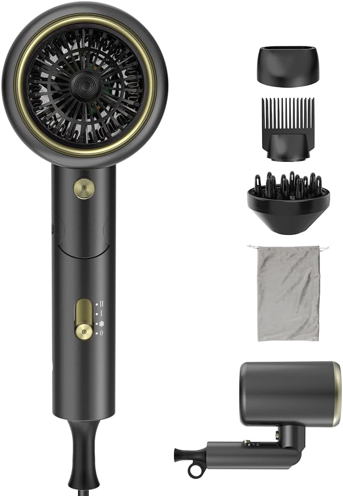 Oxsaytee 2400W Hair Blow Dryer with Diffuser, Foldable Mini Travel Hair Dryer, Ionic Hair Dryer With Storage Bag & Bracket, Bow Dryer for Curly Hair Fast Drying For Home Salon Travel （Black） - Image 1