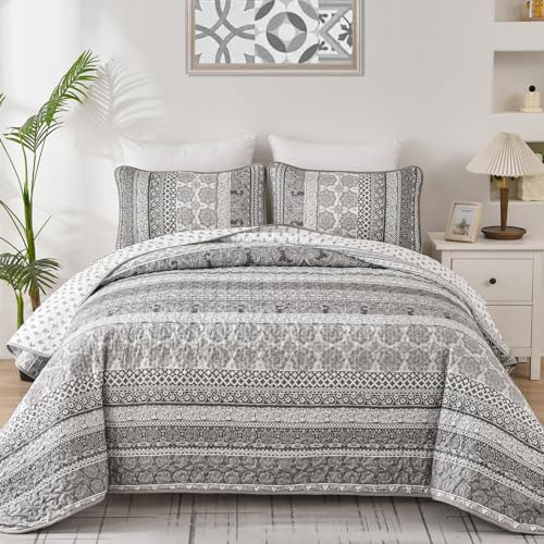WONGS BEDDING Boho Quilt Set King Size Gray Bohemian 3 Pieces Quilt Sets Grey Lightweight Bedspread Coverlet Bedding Set for All Season 104x90 - Image 1