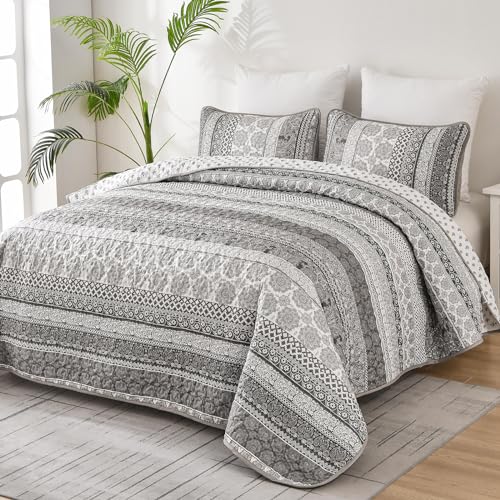 WONGS BEDDING Boho Quilt Set King Size Gray Bohemian 3 Pieces Quilt Sets Grey Lightweight Bedspread Coverlet Bedding Set for All Season 104x90 - Image 3