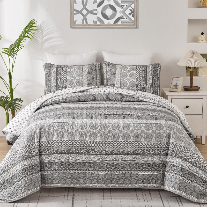 WONGS BEDDING Boho Quilt Set King Size Gray Bohemian 3 Pieces Quilt Sets Grey Lightweight Bedspread Coverlet Bedding Set for All Season 104x90 - Image 2