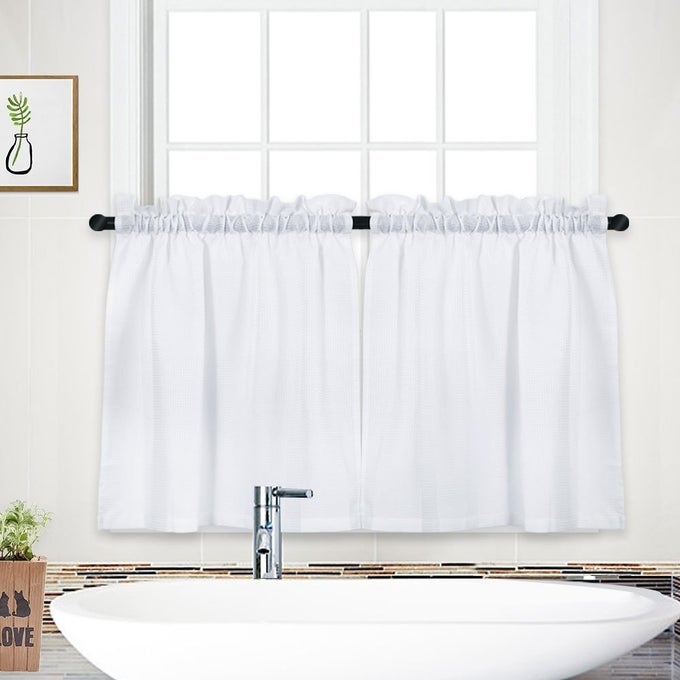 WAFFLE WOVEN TEXTURED SHORT CURTAINS FOR BATHROOM WATERPROOF WINDOW COVERING FOR KITCHEN 30 X 30 WHITE SET OF 2