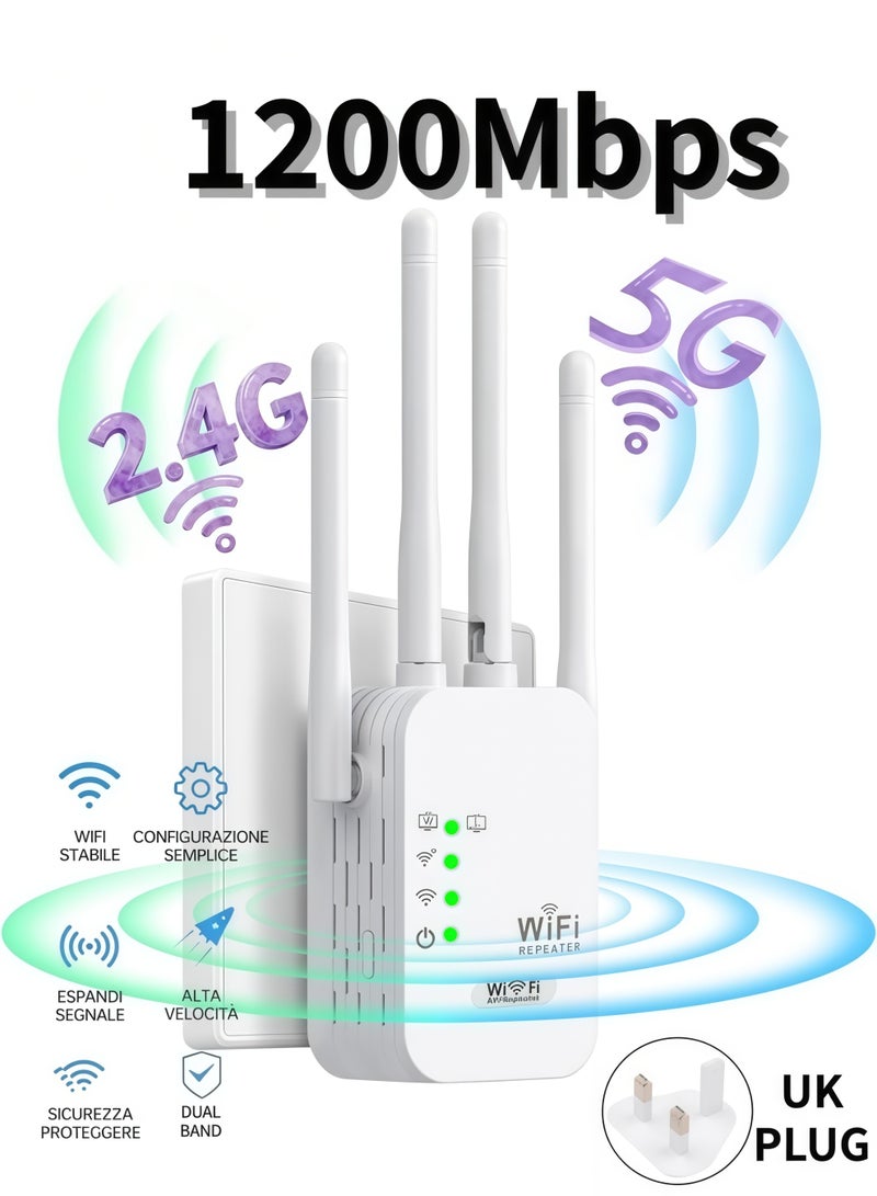 1200Mbps Wireless WiFi Range Extender, Wireless WiFi Booster,Wireless WiFi Repeater with 4 External Antennas, WiFi Signal Amplifier Dual Band 2.4G/5G - White - Image 1