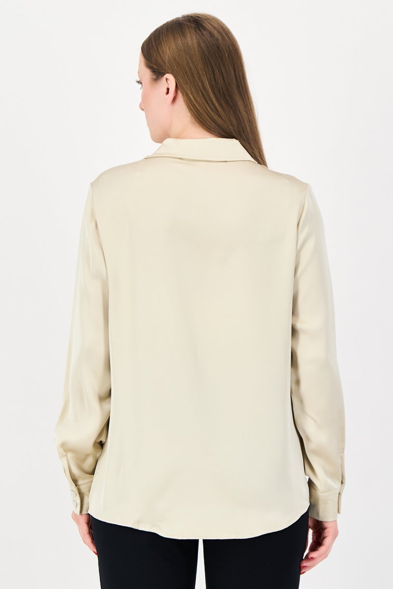 bebe Women Spread Collar Solid Long Sleeve Shirt, Beige - Image 3