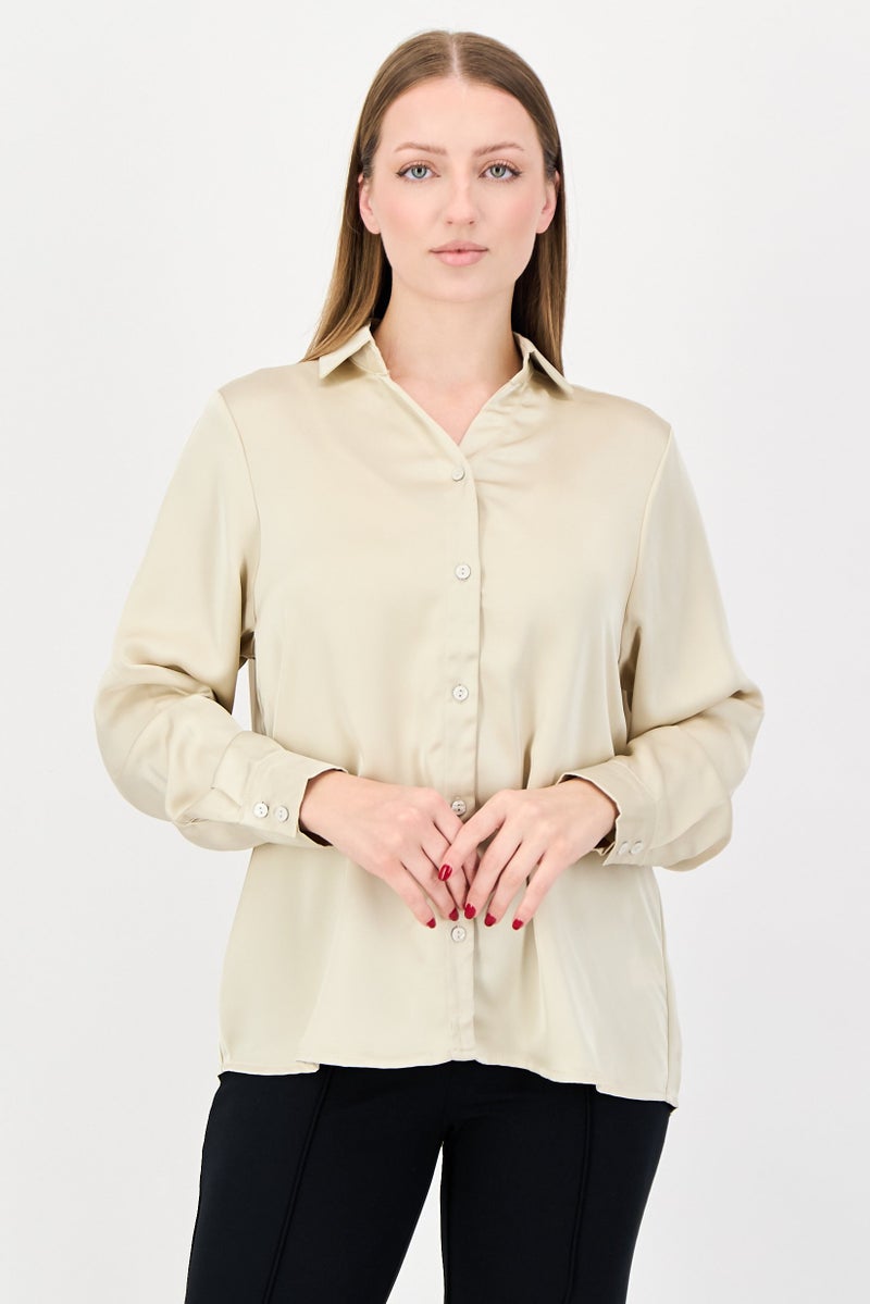 bebe Women Spread Collar Solid Long Sleeve Shirt, Beige - Image 1