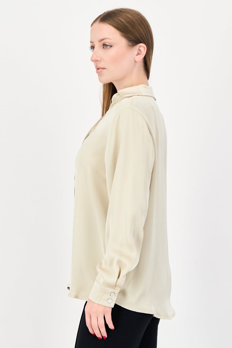 bebe Women Spread Collar Solid Long Sleeve Shirt, Beige - Image 2