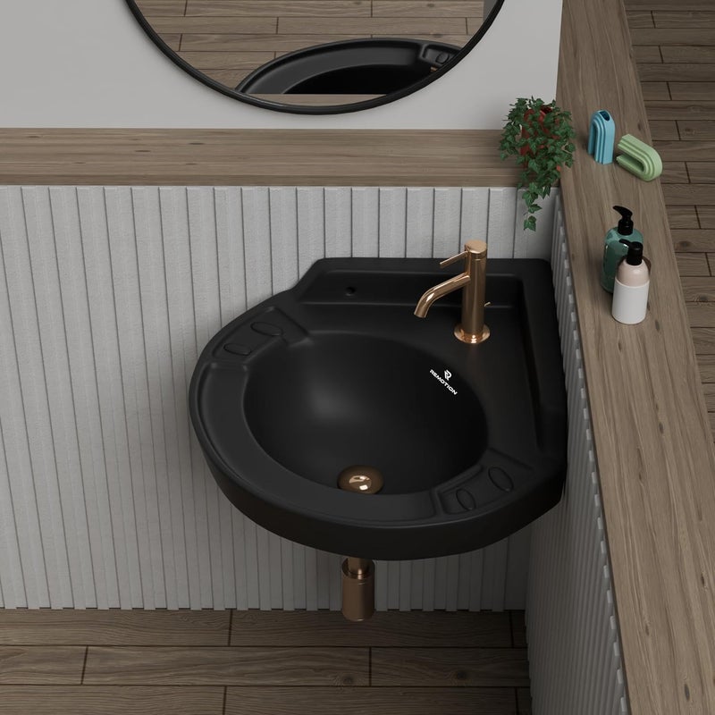 REMOTION Ceramic Wall Hung Corner Wash Basin for Bathroom Wall Mounted Corner Sink SpaceSaving Durable Stylish Design 17 x 15 x 75 Inch Black - Image 3