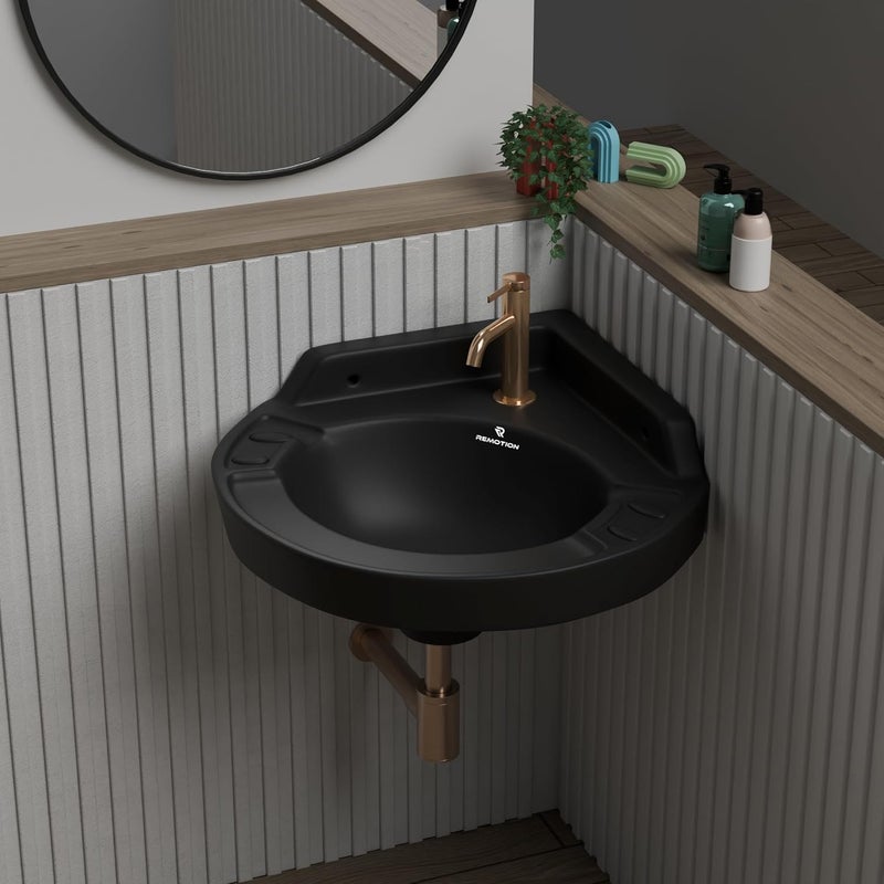 REMOTION Ceramic Wall Hung Corner Wash Basin for Bathroom Wall Mounted Corner Sink SpaceSaving Durable Stylish Design 17 x 15 x 75 Inch Black - Image 2