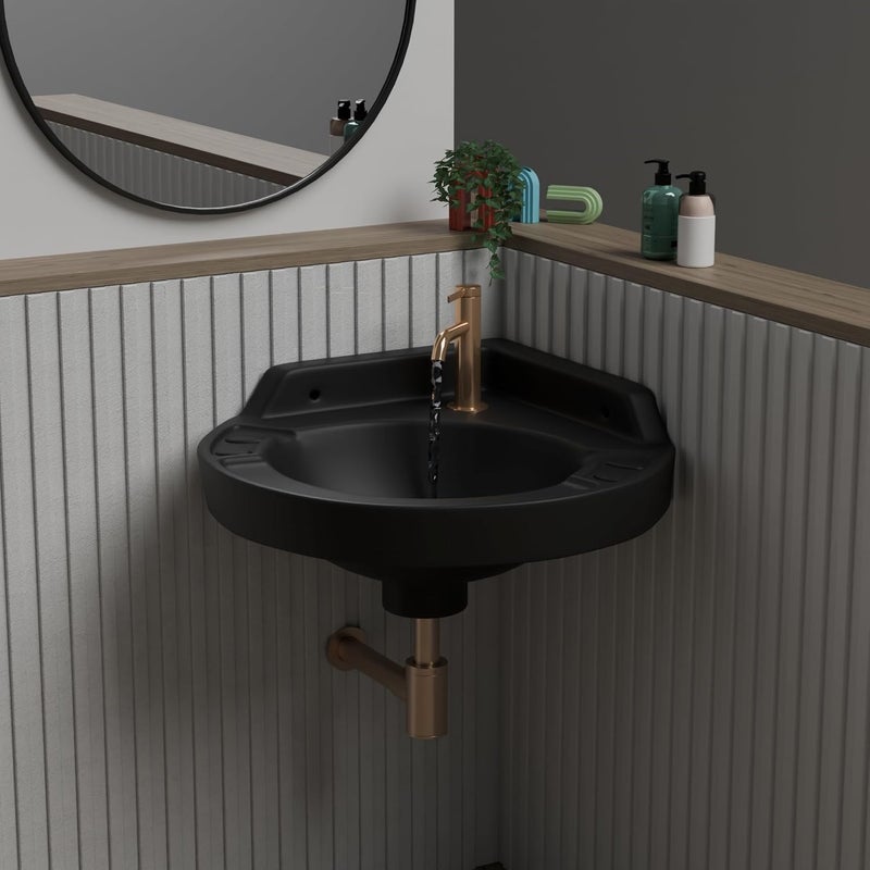 REMOTION Ceramic Wall Hung Corner Wash Basin for Bathroom Wall Mounted Corner Sink SpaceSaving Durable Stylish Design 17 x 15 x 75 Inch Black - Image 4