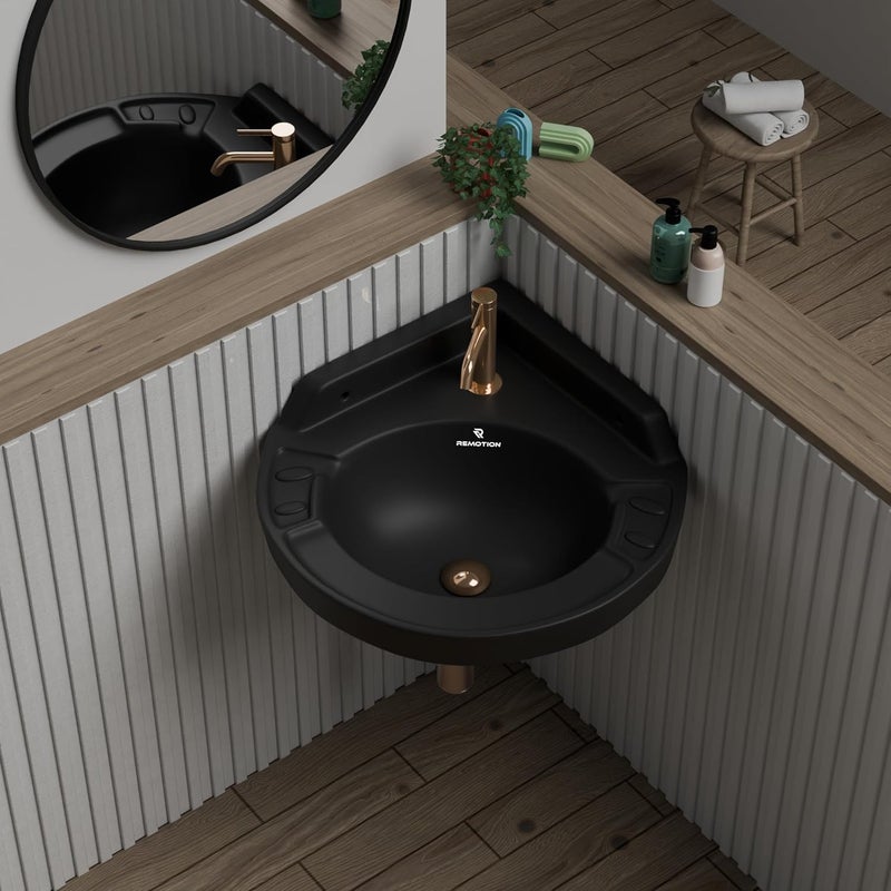 REMOTION Ceramic Wall Hung Corner Wash Basin for Bathroom Wall Mounted Corner Sink SpaceSaving Durable Stylish Design 17 x 15 x 75 Inch Black - Image 1