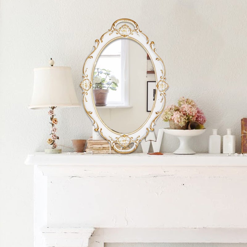 Eaoundm 14.5 x 10 inchs Oval Antique Decorative Wall Mirror Vintage Hanging Mirror (White 2 Pcs) - Image 3