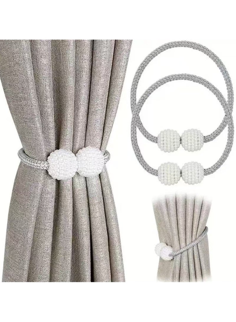PYC 2-piece Magnetic Curtain Tiebacks Convenient Drape Tie Backs,Pearl Decorative Rope Holdback Holder for Small, Thin or Sheer Window Drapries (Gray)…  - Image 1