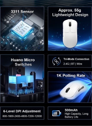 SC380 Pro Tri-Mode Wireless Gaming Mouse – 55 g Ultra-Light Esports Mouse with 3311 Sensor, Wired / 2.4 GHz / BT, 500 mAh Battery, RGB Lighting & Charging Dock for PC & Laptop - view 4